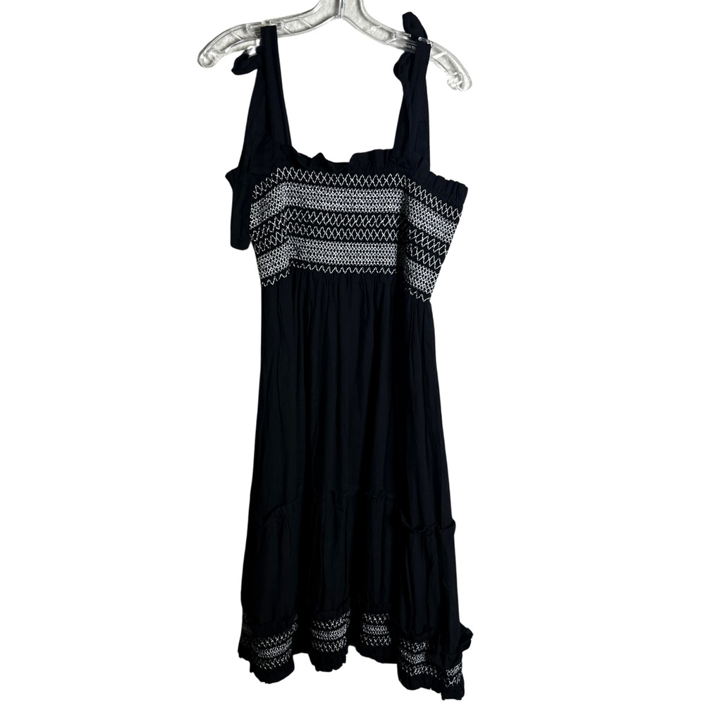 Elie Tahari Midi Dress Small Black Tie Shoulder Smocked Tiered Ruffle Trim Boho